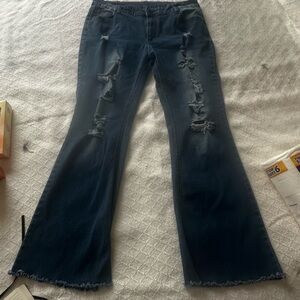 Trendy Distressed Flare Jeans in Dark Blue